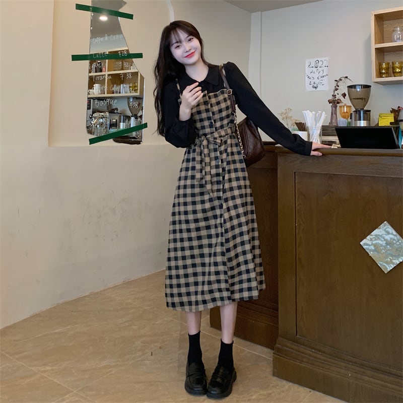 [Dong Xiaojie Series] ★Checked dress★ Large size, fake layered, slimming, retro, cute, easy to match