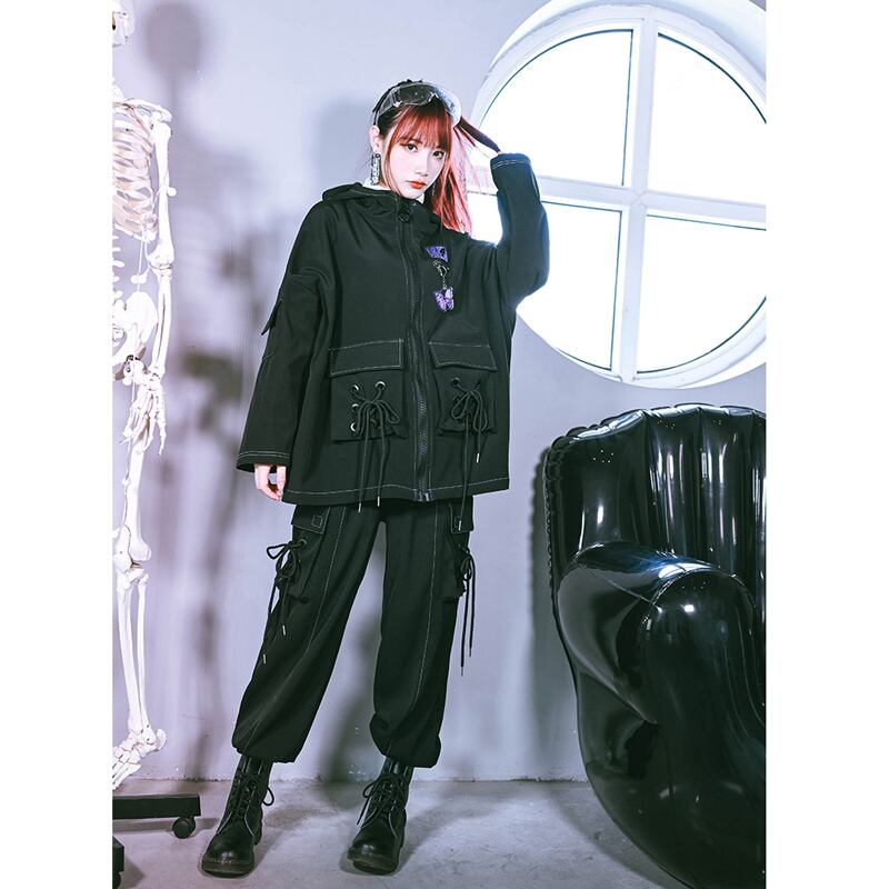 【古怪舍---燕尾蝶シリーズ】★チャイナ風アウター★ coat フード付き 蝶々 オリジナル ブラック 黒い 春秋服