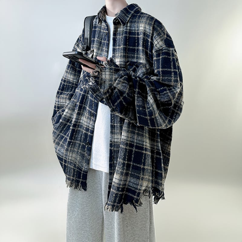 [V37 Series]★Outer★ Shirt outerwear jacket fringe unisex men's plaid fashion