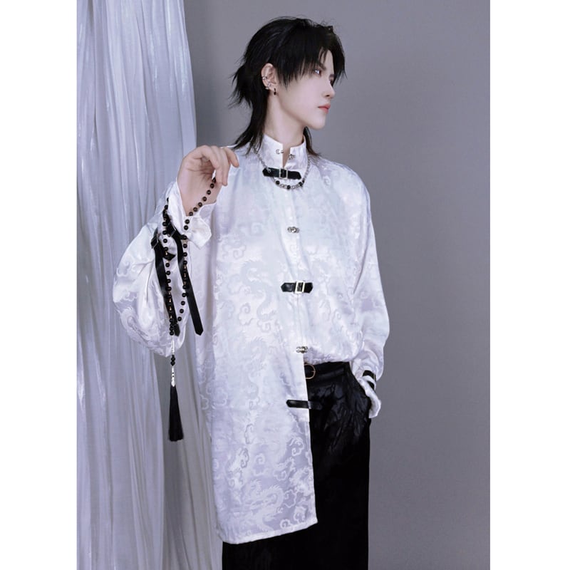 [Kuraho Koya Series] ★China style shirt★ 2color black or white tops Chinese elements unisex men's black white dragon pattern