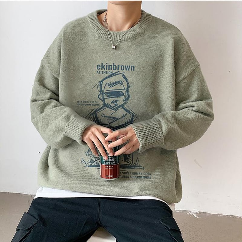 [Han Rishin Series] ★Sweater★ 4color Knit Tops Unisex Men's Large Size Black Gray Green Brown