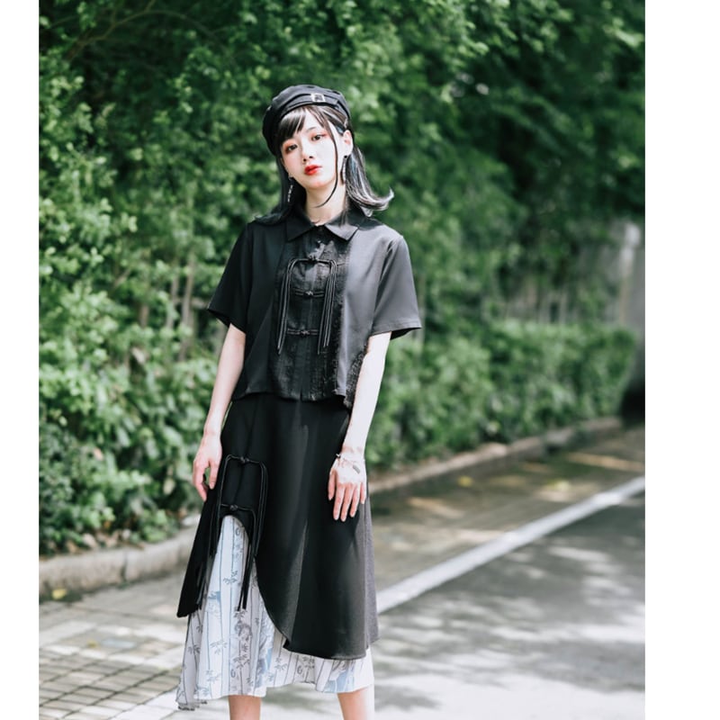 [Kokaisha --- Bamboo Series] ★Chinese style shirt★ Fringe Chinese clothing original short length black black