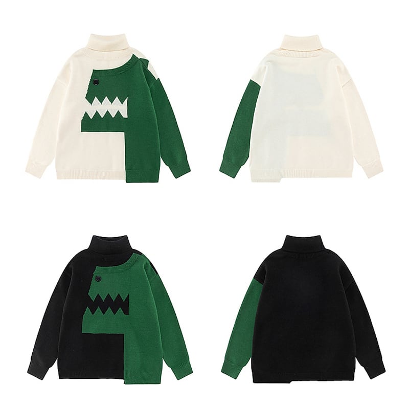 [CHAOJIEQU Series]★Sweater★ 3color Unisex Men's Dinosaur Animal Color Scheme High Neck Black Green Pink ML XL 2XL