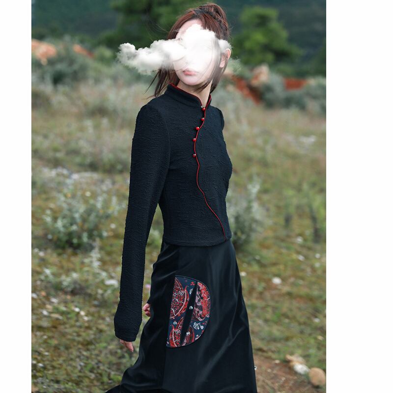 [Big Blue Dragon Series]★China style skirt★ PU skirt Chinese button ethnic style black black slimming wear