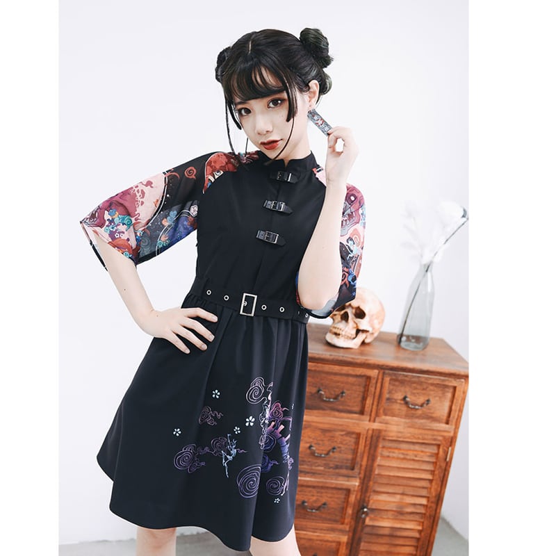 [Kokaisha series] ★China style dress★ Chiffon short length Unique black black SML