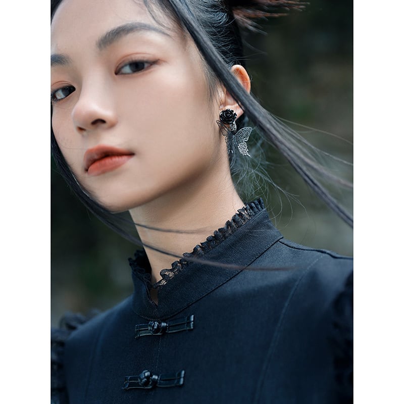 [Small Blue Dragon Series] ★China Style Earrings★ Pair Earrings Ladies Accessories Butterfly Black Black