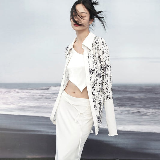 [Da Qinglong Shu Series] ★Chinese Style Shirt★ Tops Letter Pattern Long Sleeve Shirt Chinese Clothes Original White White