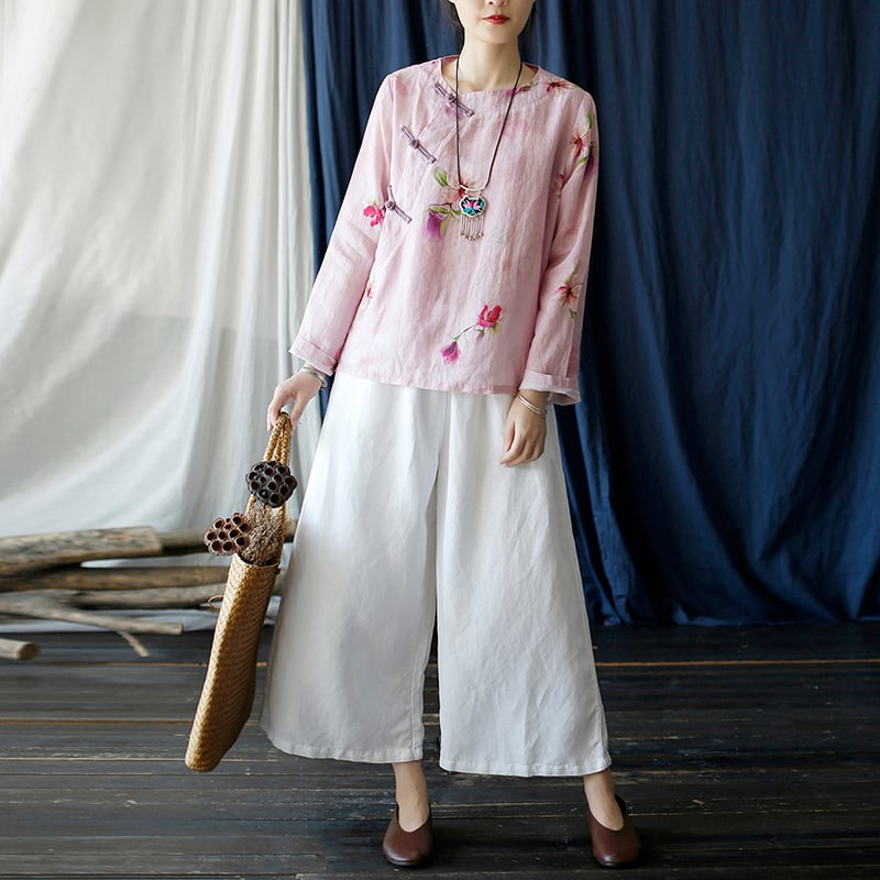 [Light ink series] ★China style tops★ Shirt Improved temperament Improved Tang suit Thin floral pattern Pink China button