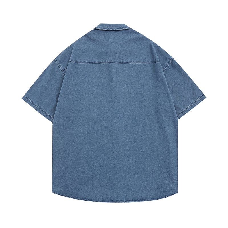 [PUDUN Series]★Denim shirt★ Tops, short sleeve shirt, unisex, men's, unique, embroidery, summer clothes, blue, blue