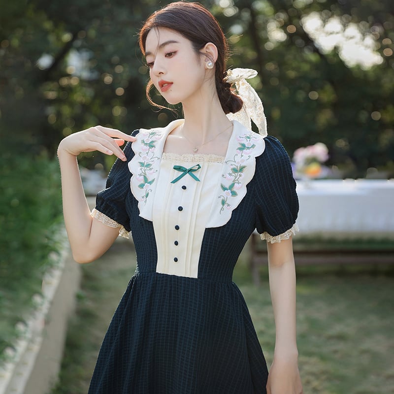 [Nan Kemu Series] ★One Piece★ Embroidery Girls' Night Out Date Sexy Temperament Enhancement Retro Green Short Sleeve Dress Summer Clothes