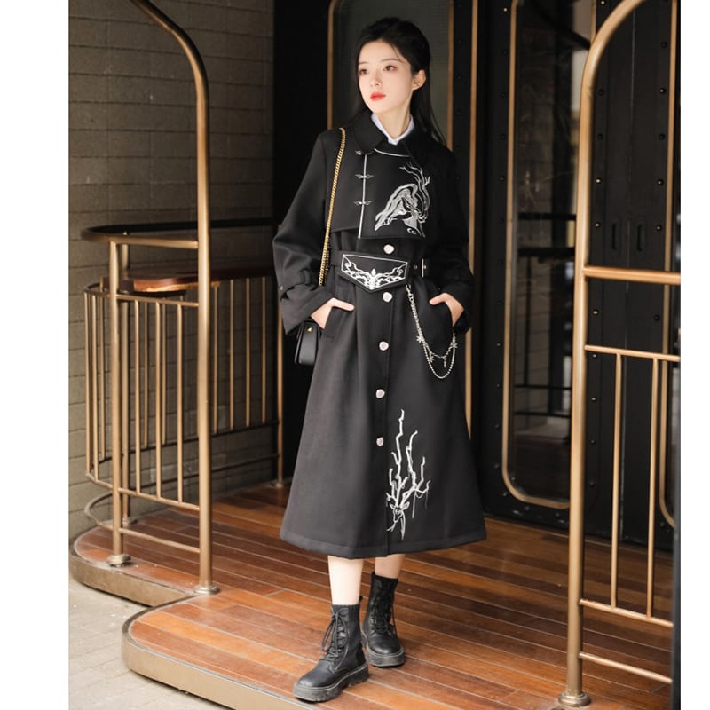 [Hanru First---Beisheng Series] ★China style coat★ Long outerwear with chain embroidery Black Black SML