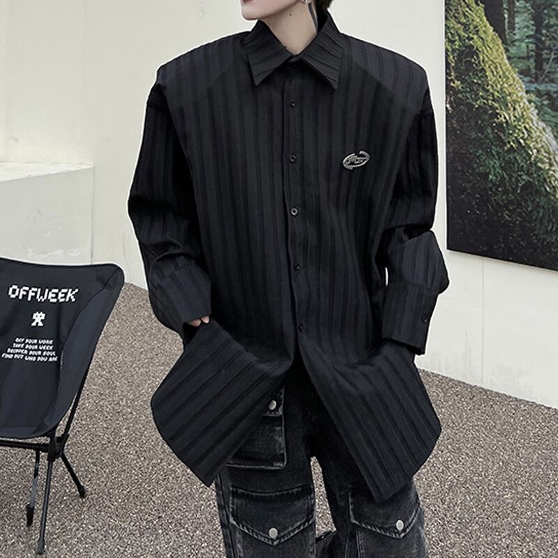 [Illustrated Series]★Shirt★ Tops 2color Unisex Men's Vertical Stripes Loose Black White Fashion Spring Clothes