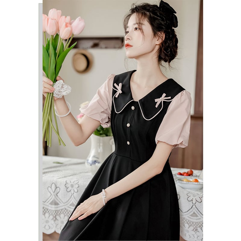 [White Moonlight Series]★China style dress★ 2color short sleeve dress summer clothes fake layered ribbon