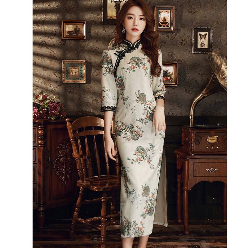 2color Chinese dress long length elegant slim large size temperament party shooting