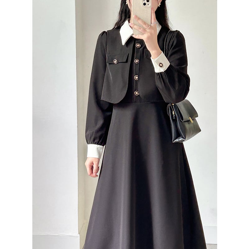 [LANXIAOMU Series] ★One Piece★ Switching Temperament Enhancement Long Sleeve Dress Long Sleeve Faux Layered Black