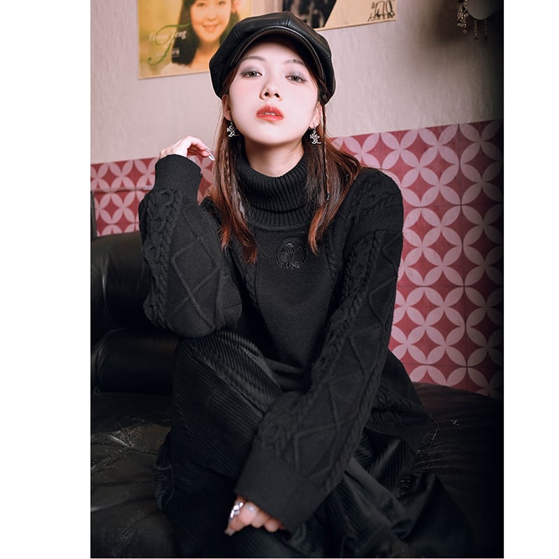 [Kokaisha---Gold Series] ★China style tops★ Sweater Thick and warm High neck Black Black