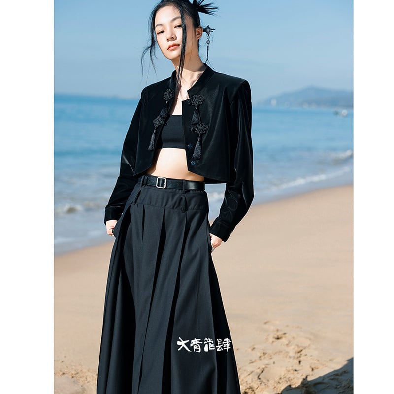 [Big Blue Dragon Series] ★China style outerwear★ Mini length Chinese button Mini length black black Chinese clothing