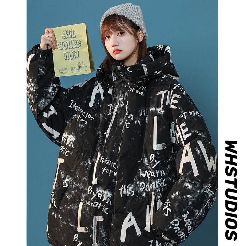 [Ushiomiomi Series] ★Winter Coat★ Cotton Coat Outerwear 2color Unisex Men's Graffiti Alphabet Black