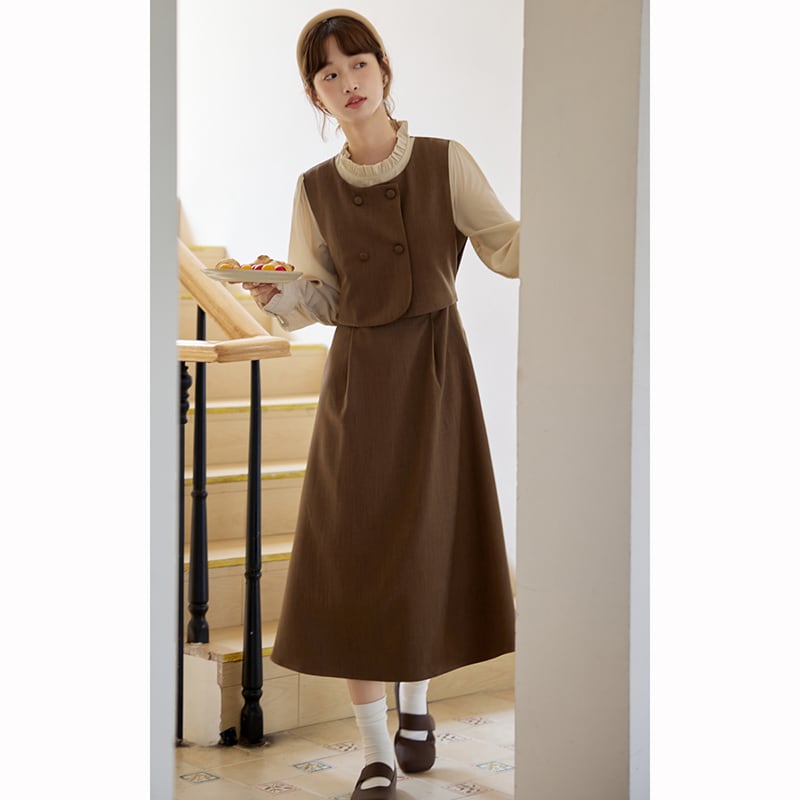 [Shokensho Series] ★One Piece★ Fake Layered Women's Cute Retro Autumn Clothes Coffee Color