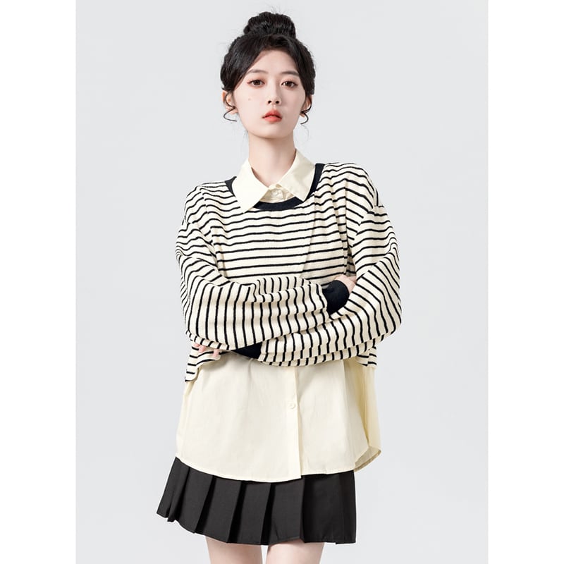 [WEIWU Series] ★Tops★ Fake layered horizontal stripes striped pattern POLO neck fashion SML