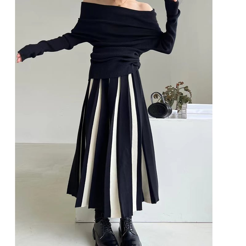 [Black and white series] ★Knit skirt★ 2color thick bottoms Color scheme Slimming Easy to match Black Green