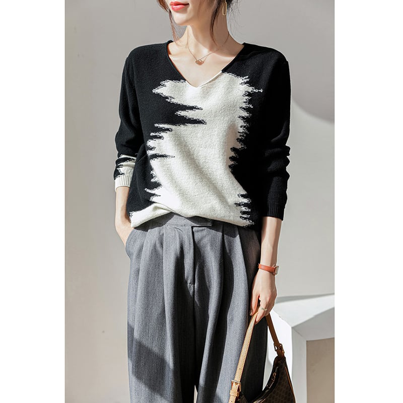 [Denkiran series] ★Knit tops★ Sweater, wool, color scheme, slimming, elegant, easy to match, black, white