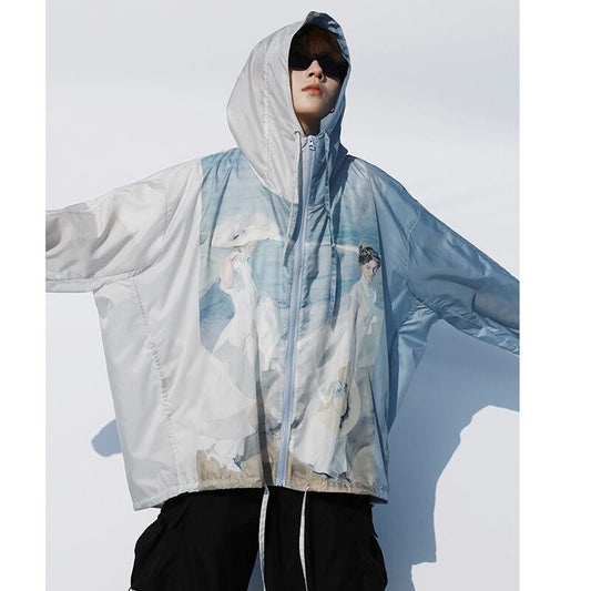 [SIN87 Series] ★UV protection★ UPF50+ Oil painting style Blue Sun protection Cooling protection Thin outerwear Loose fit Unisex Men's