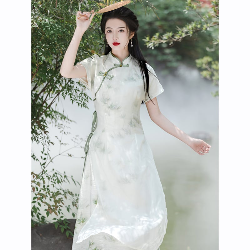 [Tatsuko Chenis Series] ★China style dress★ 2color dress coming of age ceremony girls' night out date short sleeve dress summer clothes green beige chiffon cool