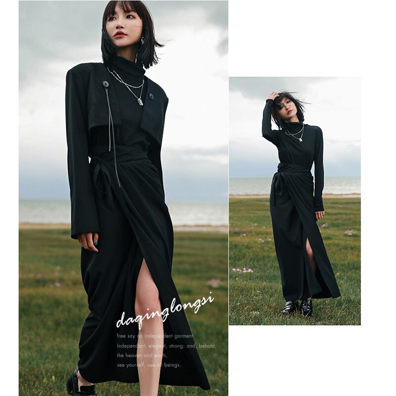 [Daiseiryusu Series] ★Skirt★ Long length slim bottoms wrap skirt sexy simple black black plain