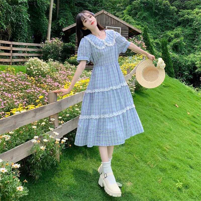 【董小姐シリーズ】★チェック柄ワンピース★ 大きいサイズ 通学 通勤 着痩せ 可愛い ブルー 夏服 半袖