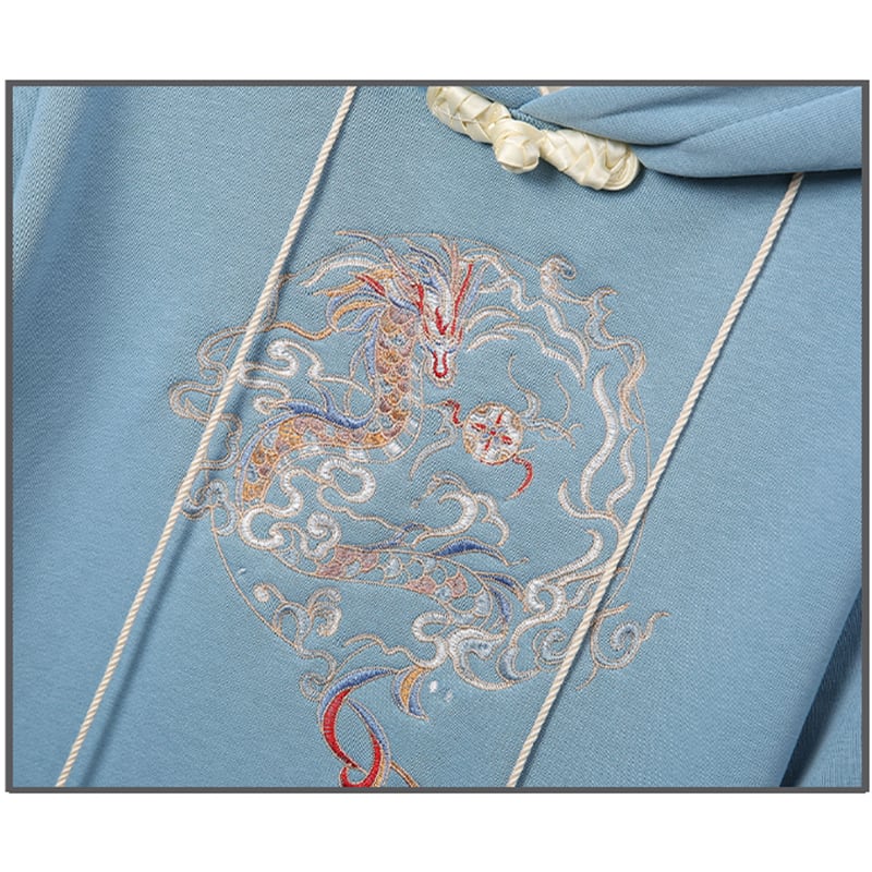 [Bamboo Series] ★Chinese style hoodie★ Fleece lining hoodie dress Chinese clothing embroidery Large size Blue Blue