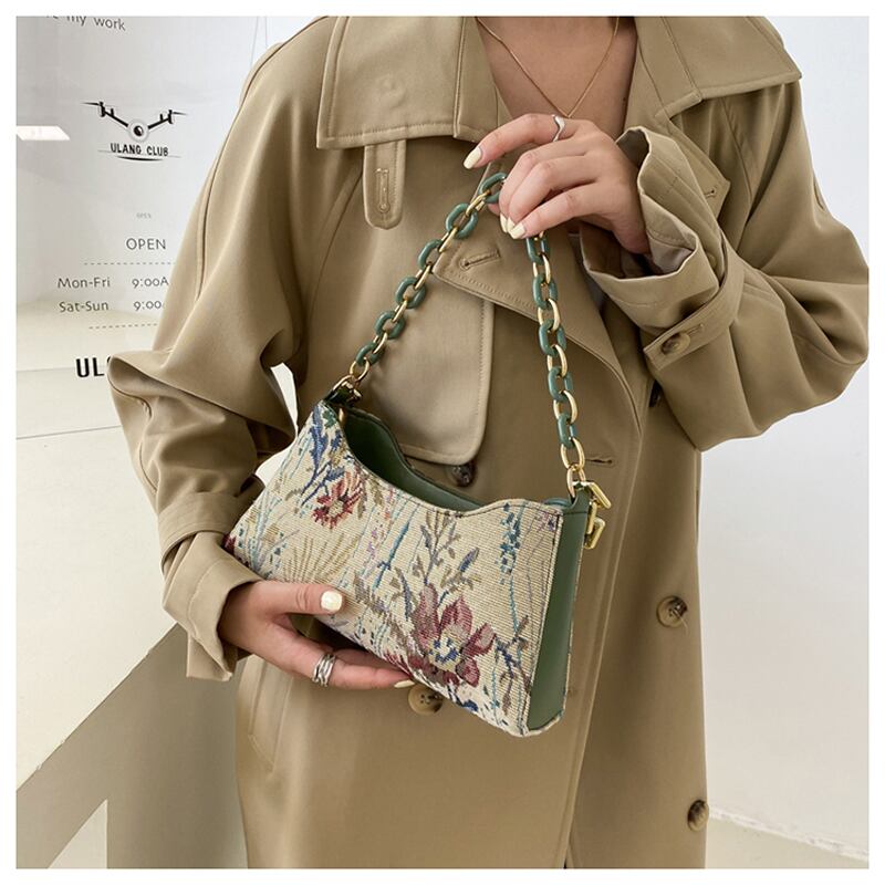 [ANDCICI Series] ★China style bag★ Oil painting style 2color floral pattern cute date commuting OL office blue green