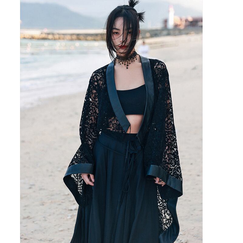 [Big Blue Dragon Series] ★Chinese style dress★ Lace openwork sexy switching black black