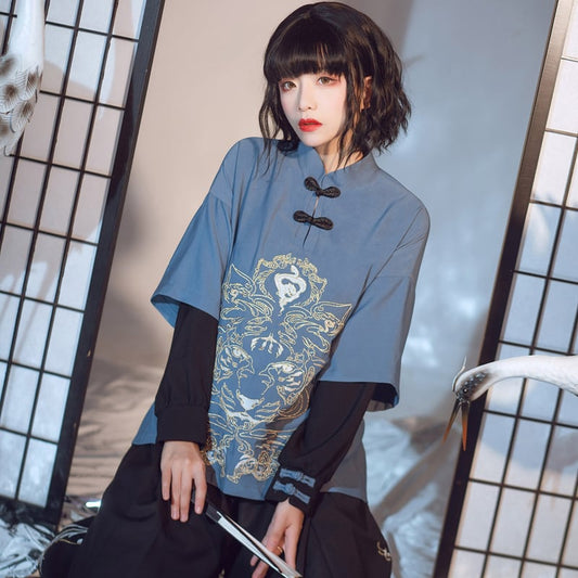 [Kyodo Series] ★China style tops★ Embroidered unisex costume couple clothes men's blue black large size