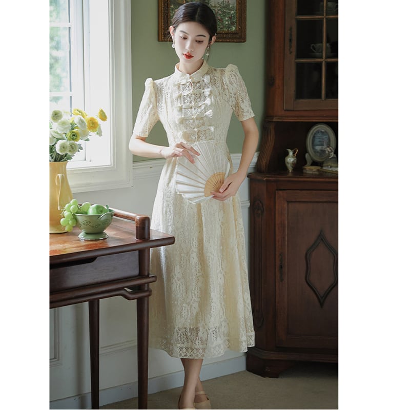 [BAIRIMENG Series]★China style dress★ Lace dress Improved Chinese dress Summer clothes Beige