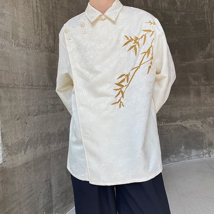 [Illustrated series] ★China style shirt★ 2color tops embroidery bamboo unisex men's black apricot