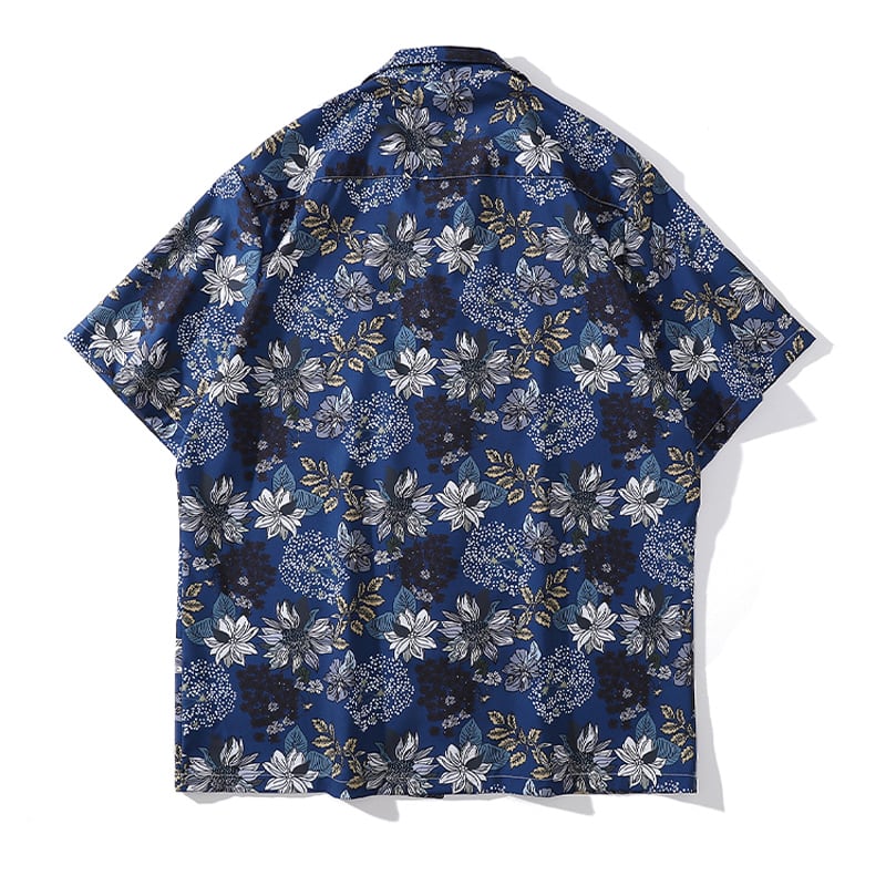 [TRAVEL ISSUANCE Series] ★Floral pattern shirt★ Unisex, men's, unique, loose, easy to match, dark blue, blue