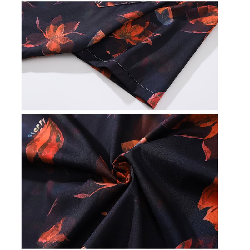 [From Mars Series]★Retro Shirt★ Print Unisex Floral Pattern Short Sleeve Cool Black Black Summer