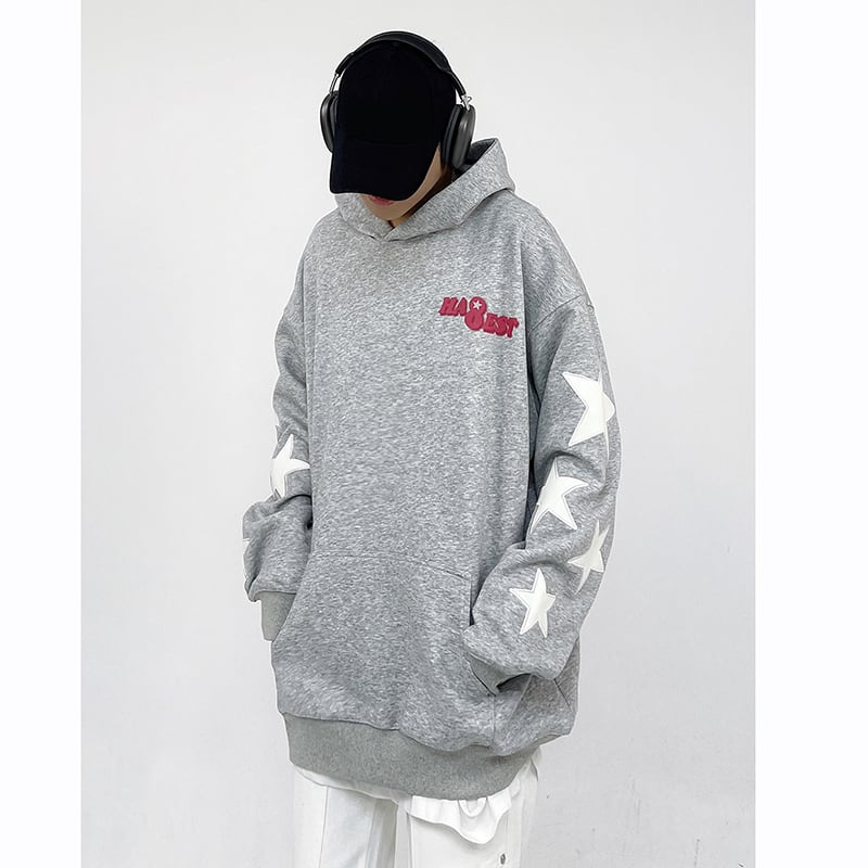 [ZHUJI Series]★Parker★ 3color Tops Star Pattern Unisex Men's Loose Stylish Gray Red Black