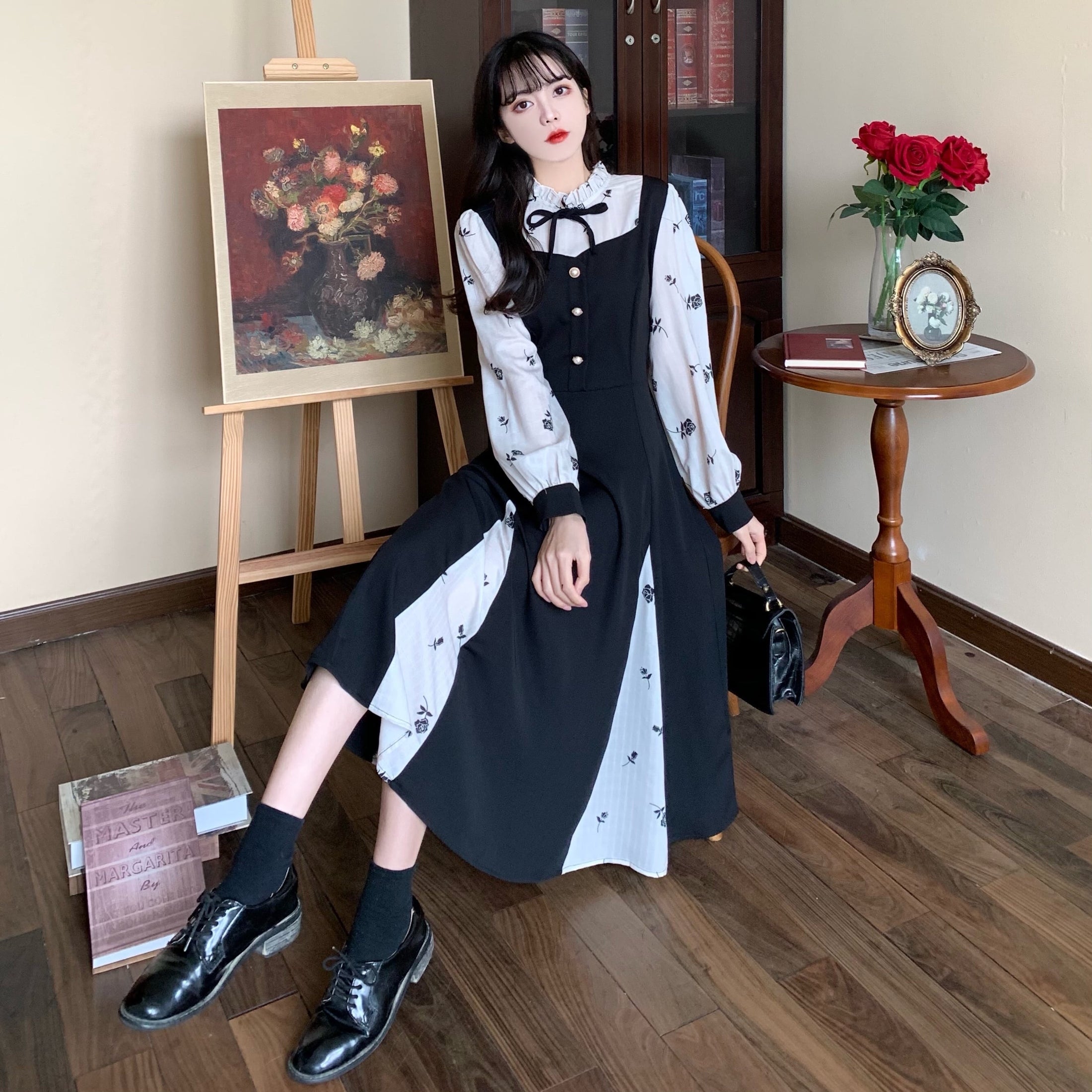 [Dong Xiaojie Series] ★Long Sleeve Dress★ Large Size Women's Dress Switching Commuting Floral Pattern Ribbon Cute