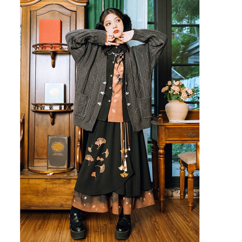 [Kokaisha --- Leaf Series] ★China style skirt★ Bottoms Switching Color scheme Floral print Black Black