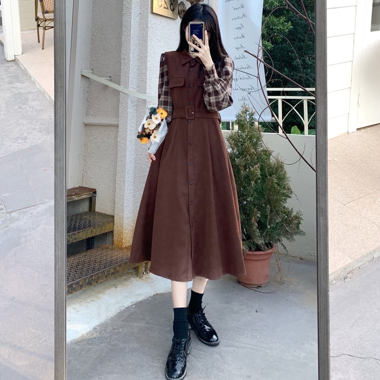 [Dong Xiaojie Series] ★Checked pattern dress★ Large size women's dress Coffee color Commuting Literary style