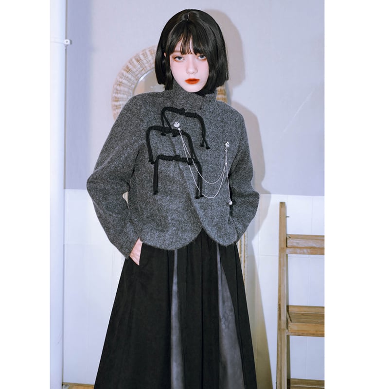 [Kokaisha---Ochienura Series] ★China style coat★ Lasha Quilted Winter Coat Short Length Gray