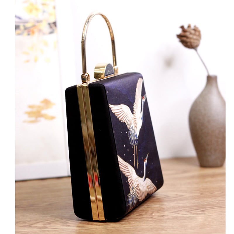 Chinese style bag handmade crane pattern travel everyday photography party retro chain black elegant