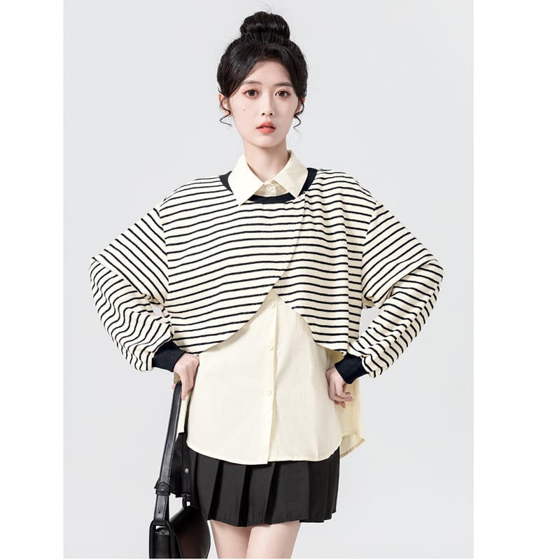 [WEIWU Series] ★Tops★ Fake layered horizontal stripes striped pattern POLO neck fashion SML