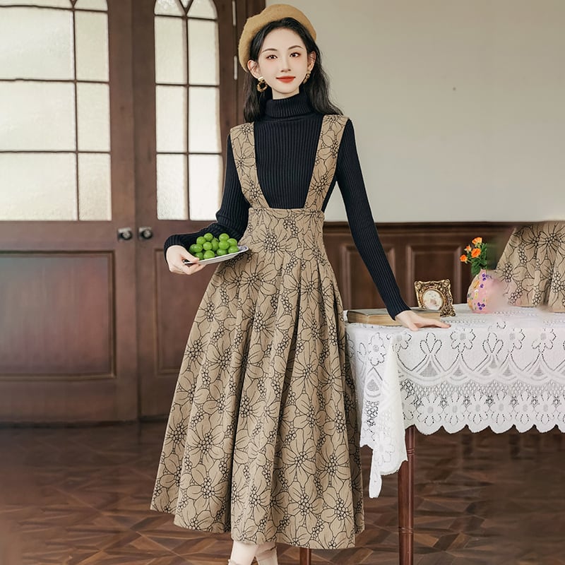 [Kasa Castle Series]★Setup★ 2-piece set, knit tops + hanging skirt, retro, temperament-enhancing, floral pattern