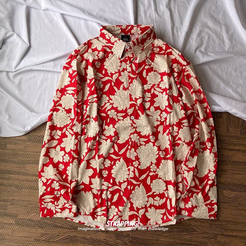 [STRAPPING Series]★Shirt★ Tops Unisex Men's Red Red Floral Pattern Shirt Long Sleeve Shirt Thin