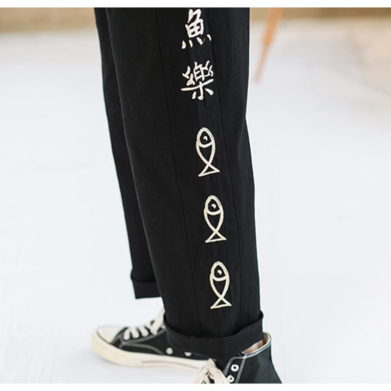 [TAOHUAYUAN Series]★China style trousers★ 3color bottoms trousers casual pants unisex men's large size fish nine-quarter length