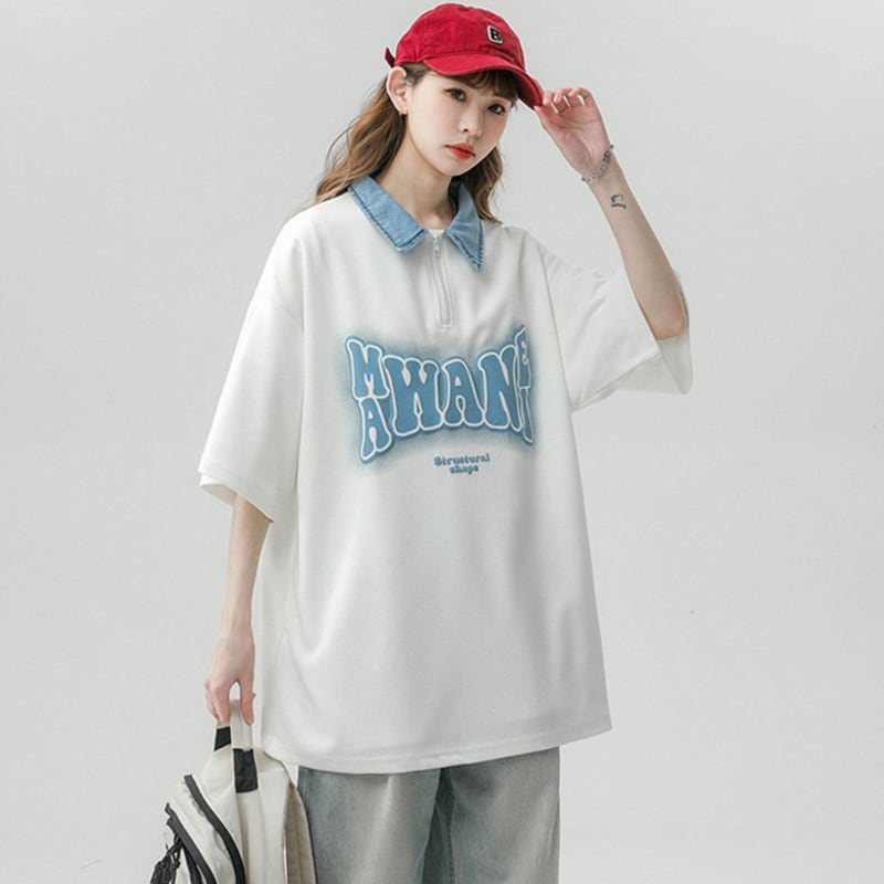 【藤伊曼シリーズ】★Tシャツ★ トップス 3color 男女兼用 メンズ POLOネック アルファベット 夏服