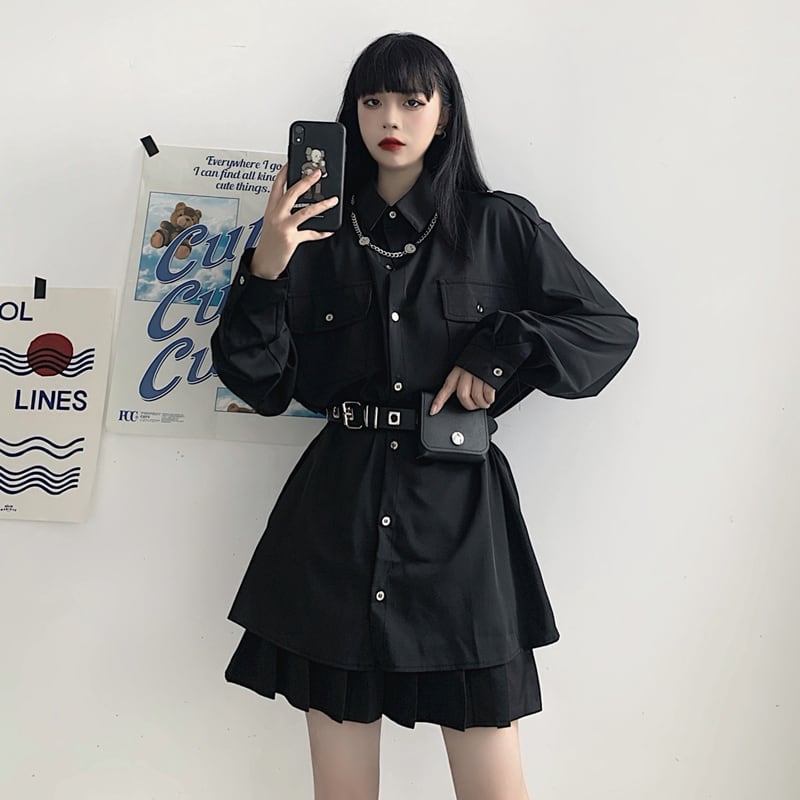 [Demon King Series] ★Shirt + belt★ 2-piece set Harajuku style black black women's fashion cool landmine type